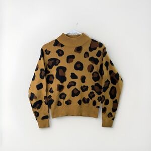 Who What Wear Leopard Print Sweater XS Mock‎ Neck Tan Brown Cozy Knit Top